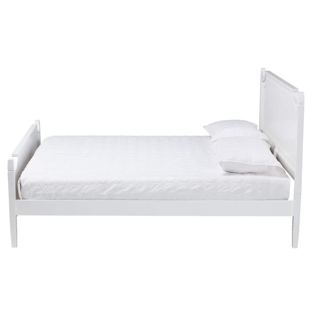 Elegant White Queen Platform Bed with Wood Frame and Upholstered Headboard