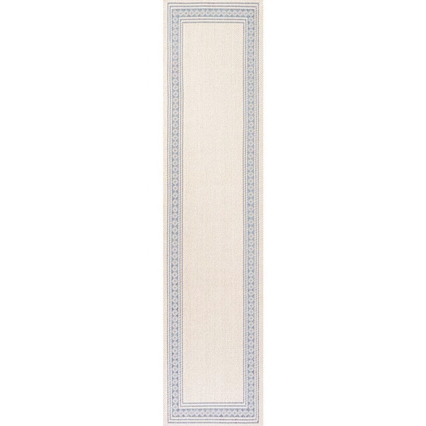 Lucia Classic Diamond Border Cream/Blue 2 ft. x 8 ft. Indoor/Outdoor Area Rug