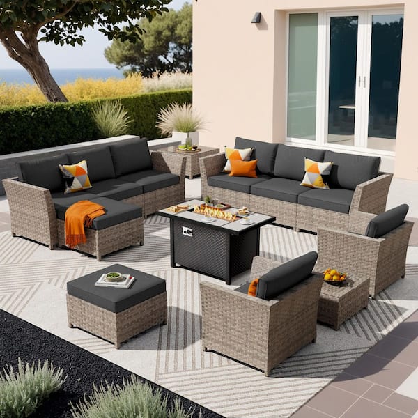 Lounge 13 Pieces Wicker Outdoor Patio Rectangular Fire Pit Set with Black Cushions