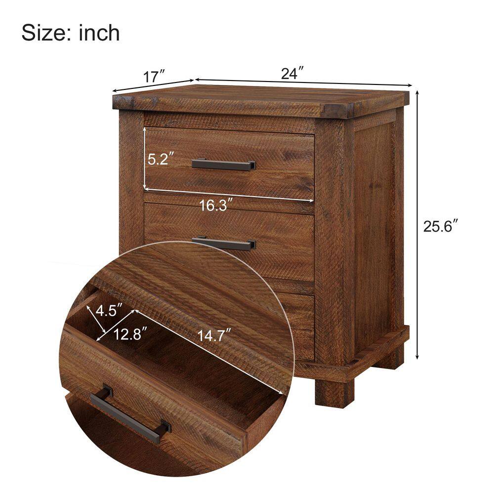 Rustic 3-Drawer Reclaimed Solid Wood Farmhouse Nightstand Set of 2(24 in. W x 17 in. D x 25.6 in. H) - thumbnail 3