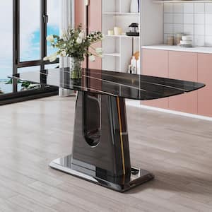 63 in. Minimalist Black Tempered Glass Rectangular Dining Table with Black MDF Pedestal U-Shaped Leg (Seat 6)