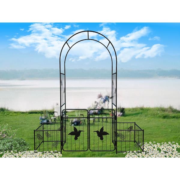 Runesay 87 in. x 79.92 in. x 20.04 in. Black Outdoor Metal Garden Arch Plant Climbing Trellis with 2 Doors for Wedding and Party