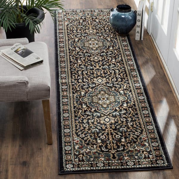 Lyndhurst 2 ft. x 10 ft. Anthracite/Teal Ornate Border Medallion Runner Rug