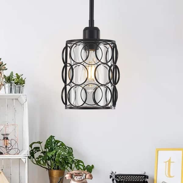 60-Watt 1-Light Black Pendant Light with Open Metal Circle Cage and Clear Glass Shade（Set of 2）