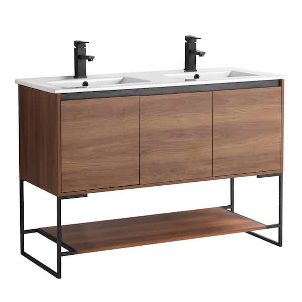 FINE FIXTURES Urbania 48 in. W x 18.5 in. D x 33.5 in. H Bath Vanity in Walnut with White Ceramic Vanity Top with White Basin