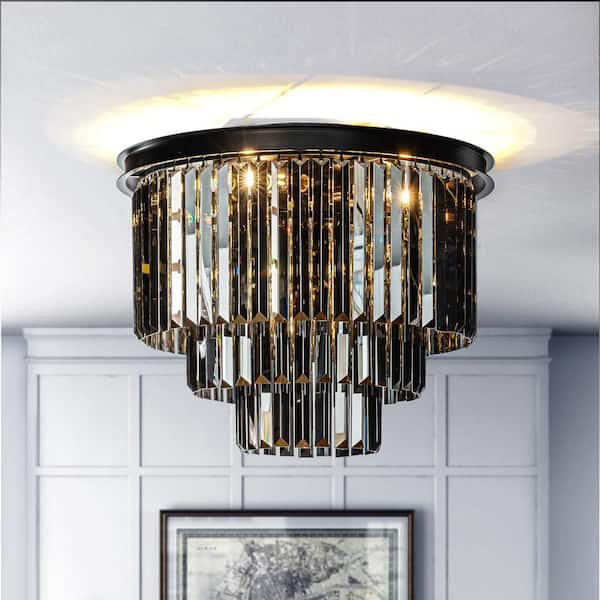 6-Lights 19.7 in Modern Matte Black 3-Tier Round Fringe Flush Mount Lighting with Smoke Crystal Accents