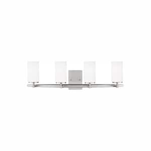 Alturas 30.5 in. 4-Light Brushed Nickel Modern Contemporary Wall Bathroom Vanity Light with Satin Glass and LED Bulbs