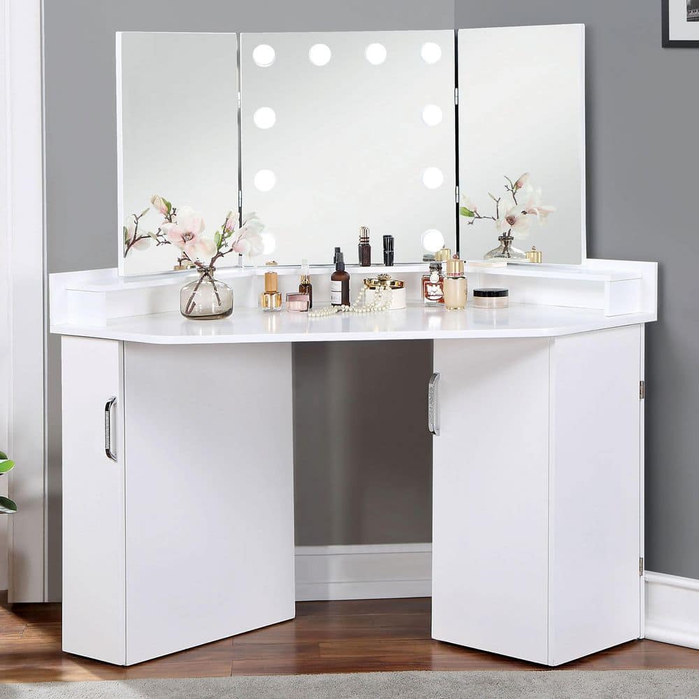 Furniture of America Nancy White Corner Makeup Vanity Table with