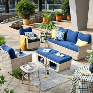 Sierra Beige 6-Piece Wicker Pet Friendly Outdoor Patio Conversation Sofa Set with Swivel Chairs and Navy Blue Cushions
