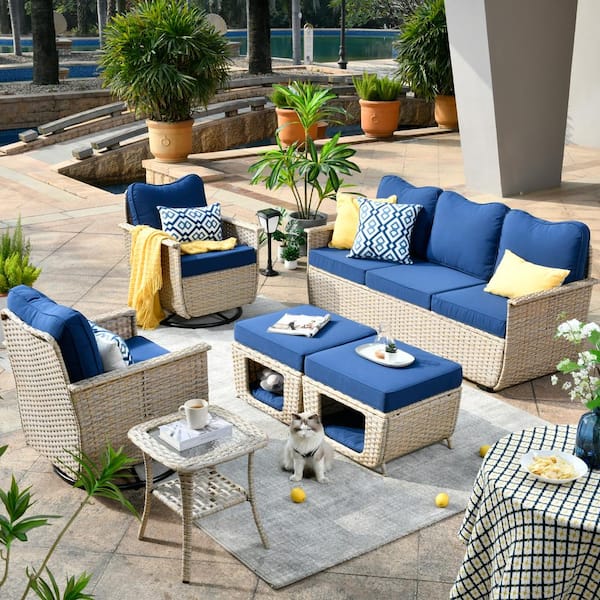 HOOOWOOO Sierra Beige 6-Piece Wicker Pet Friendly Outdoor Patio Conversation Sofa Set with Swivel Chairs and Navy Blue Cushions