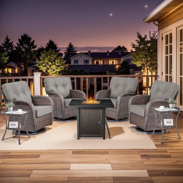 Tidalis Brown 7-Piece Wicker Patio Conversation Set Outdoor Fire Pit Set with 5 in. Gray Cushions and Swivel Chair
