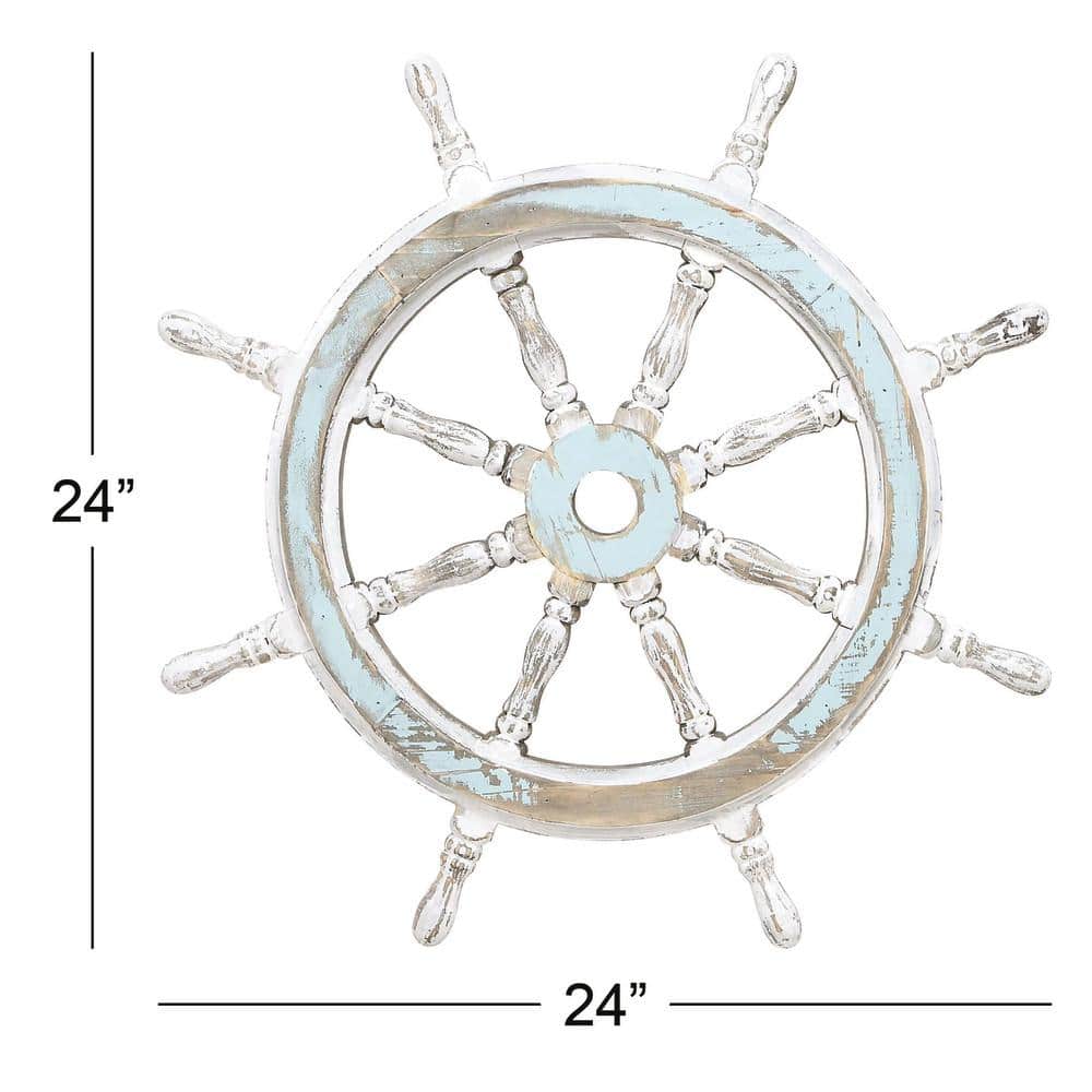24" Blue and White Distressed Wood Ship Wheel Wall Decor
