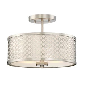 Meridian 13 in. W x 10 in. H 2-Light Brushed Nickel Semi-Flush Mount with White Fabric Shade and Geometric Metal Frame