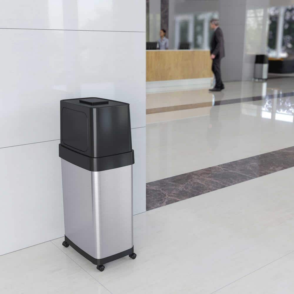 18 Gallon Brushed Stainless Steel Dual Push Lid Trash Can with Wheels