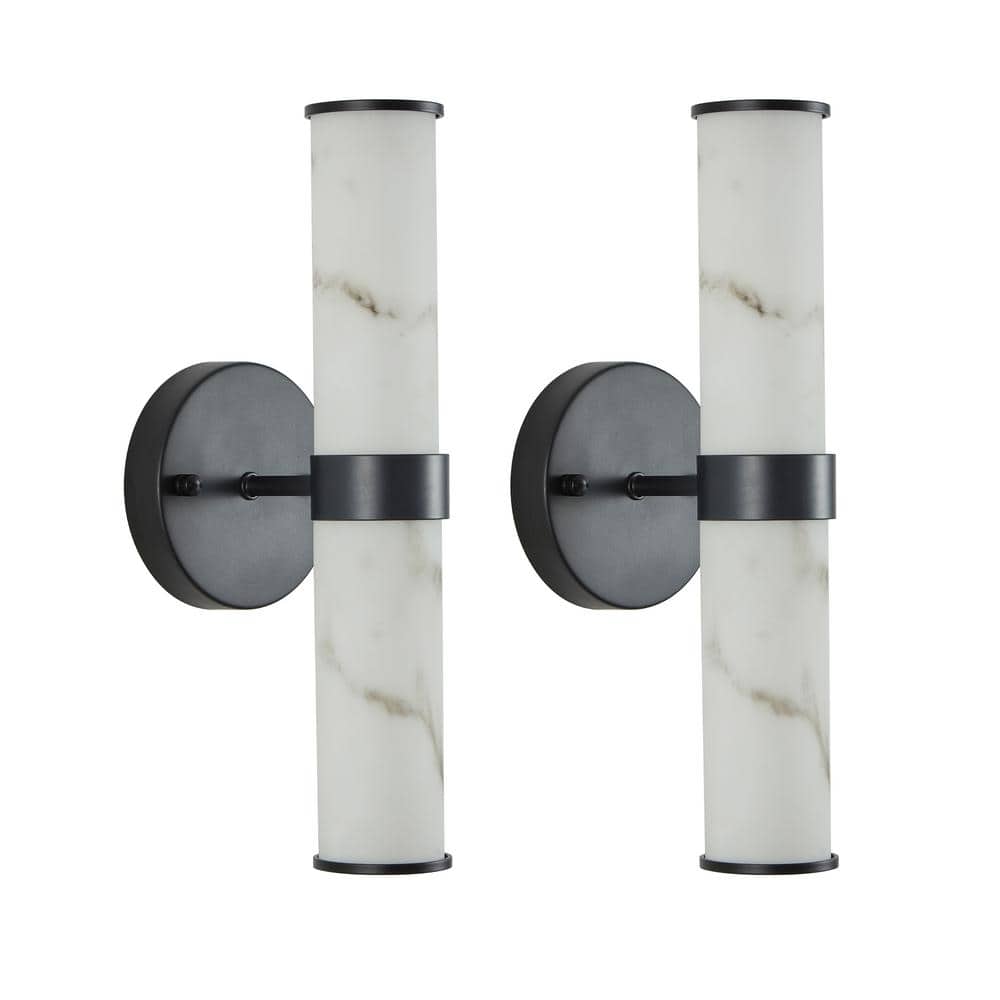 Set of 2 Vanity Lighting 2-Light Black Wall Sconce with Iron Metal Frame Re