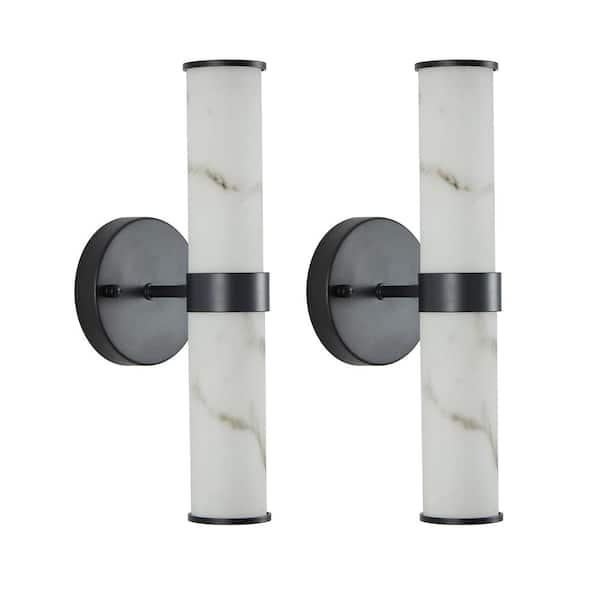 Unbranded Set of 2 Vanity Lighting 2-Light Black Wall Sconce with Iron Metal Frame Resin Imitation Marble Texture Wall Light