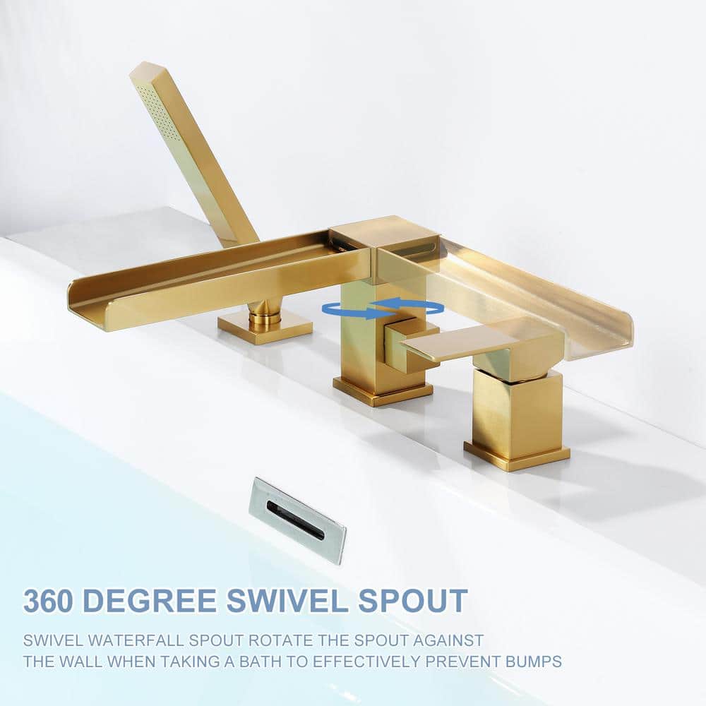 Brushed Gold Modern Waterfall Tub Deck Faucet with Hand Shower