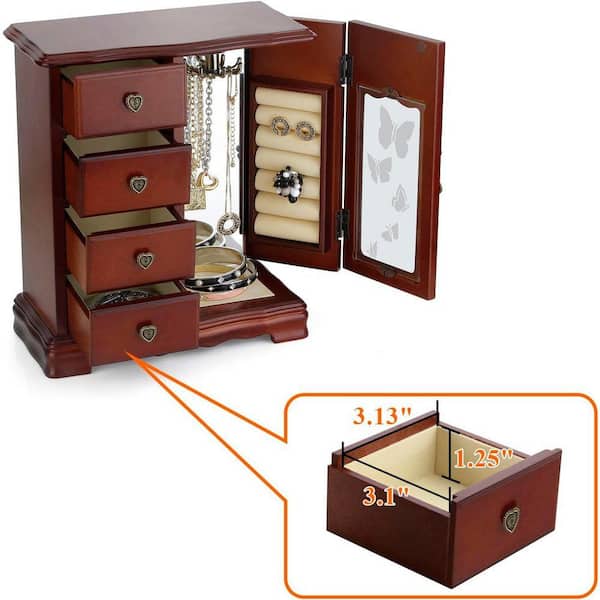 Wooden Jewelry Box with 4-Drawers Built-in Necklace Carousel and