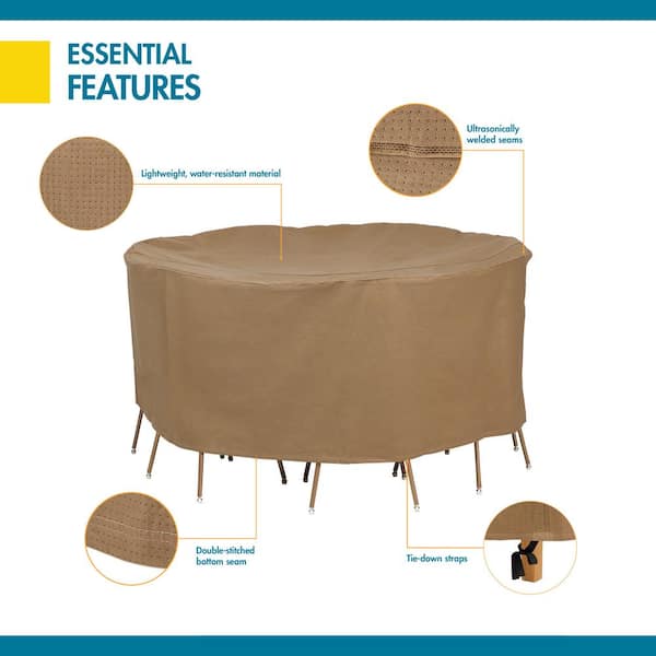 Duck Covers Essential 76 In Round Patio Table And Chair Set Cover Etr07676 Round Patio Table And Chair Set Cover, Outdoor Furniture Tie Downs
