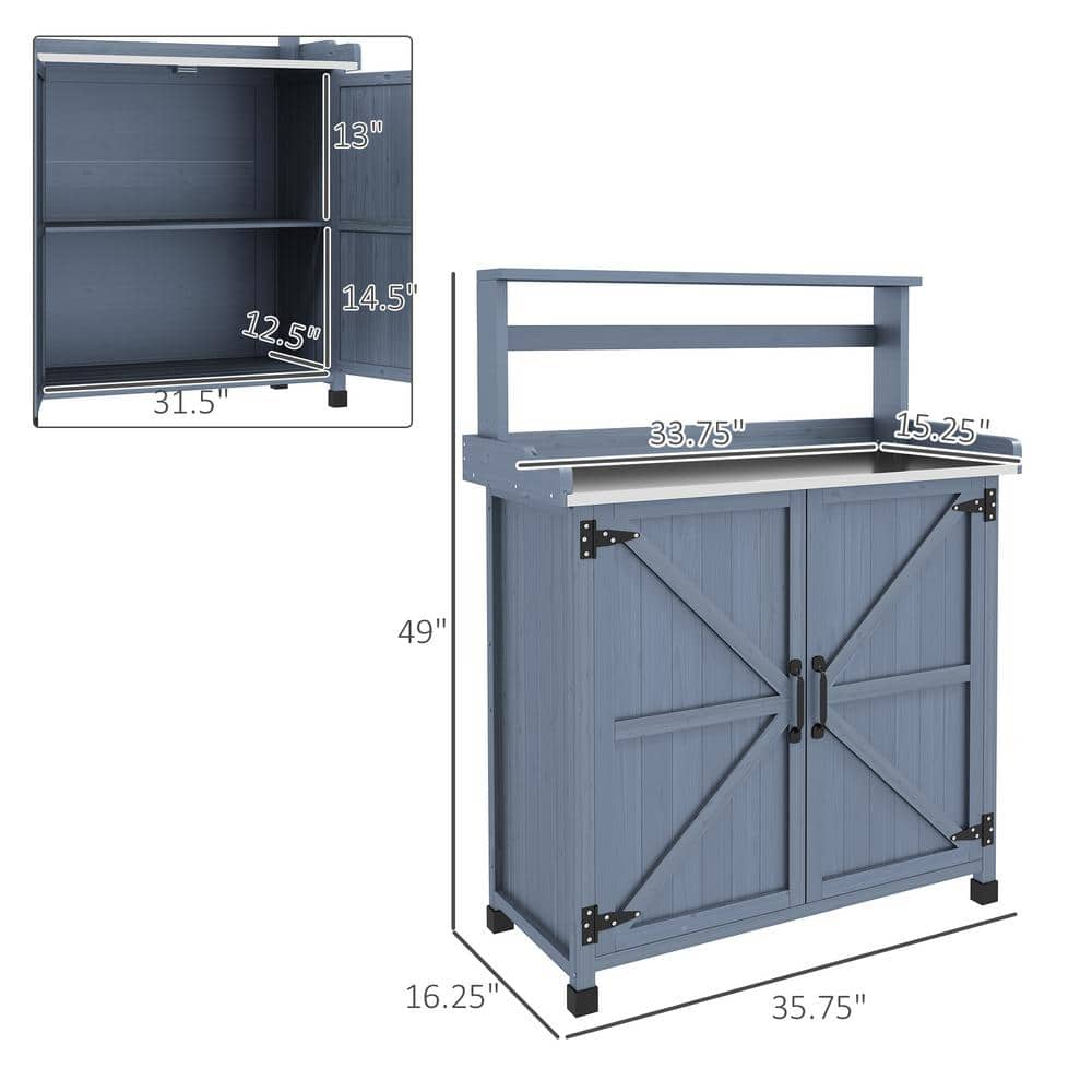 Gray Wooden Potting Bench with Storage Cabinet and Shelves
