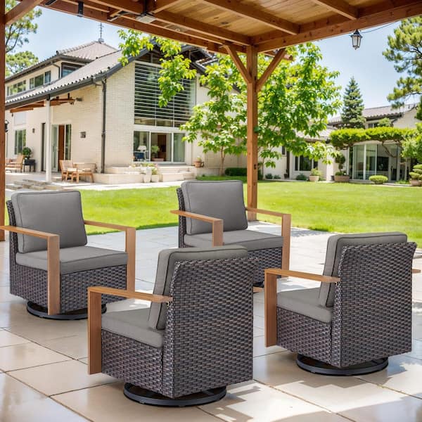 Metal Wood Brown Wicker Outdoor Rocking Chair Patio Swivel Gliders with Gray Box-Edge Cushions (4-Pack)