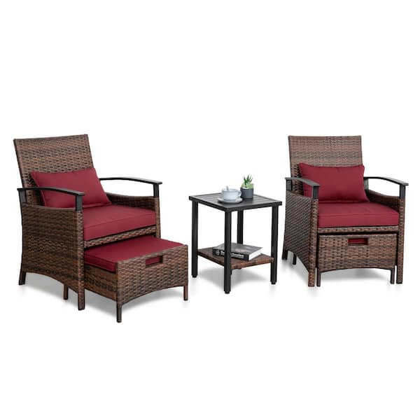 Unbranded 5-Piece Wicker Patio Conversation Set with Burgundy Cushions