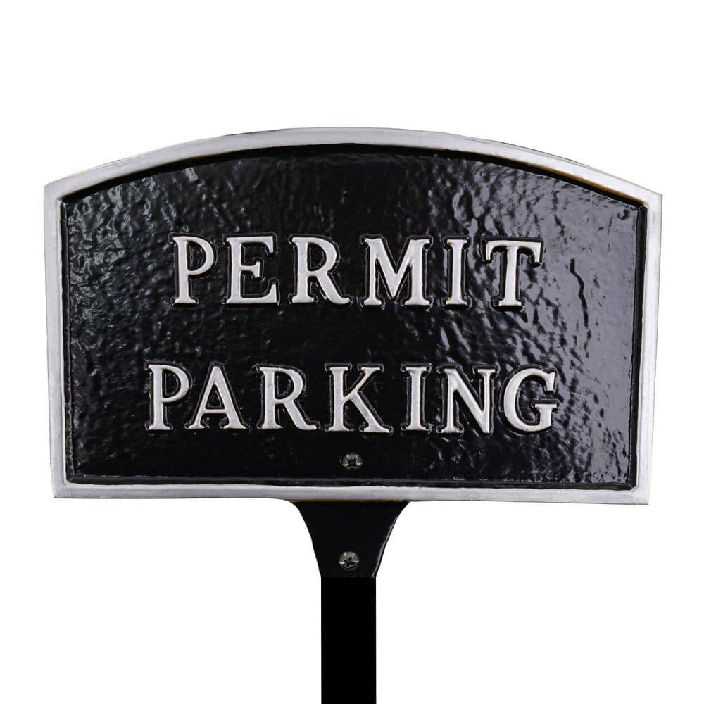 "5.5"" x 9"" Small Arch Permit Parking Statement Plaque Sign with Lawn Stake - Black/Silver" product image for price tracking