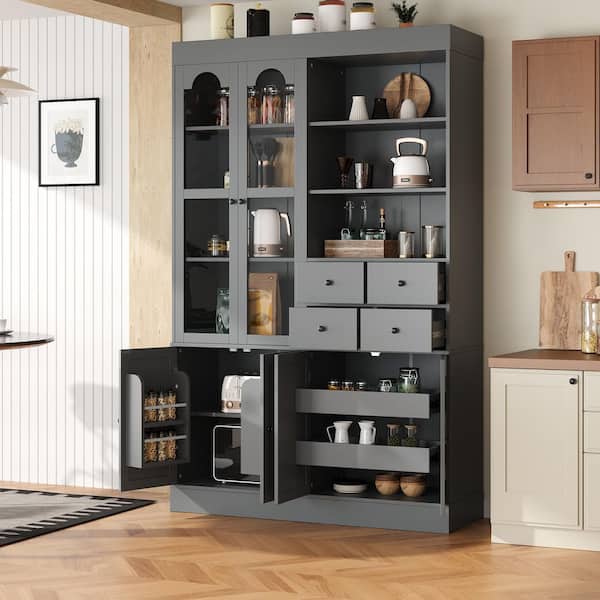 47.2 in. W x 15.7 in. D x 75 in. Gray Linen Cabinet Kitchen Pantry with 4-Drawers, Door Shelves and Pull-out Trays
