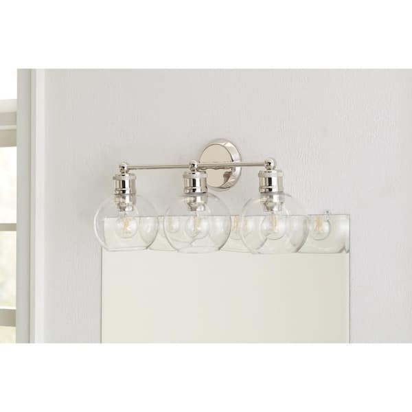 Hansford Collection 24-1/2 in. 3-Light Polished Nickel Clear Glass Coastal Farmhouse Bathroom Vanity Light
