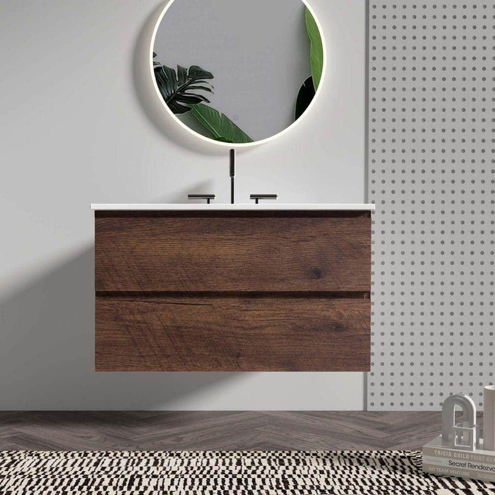 FAMYYT 36 in. W Single Sink Floating Walnut Bath Vanity with White