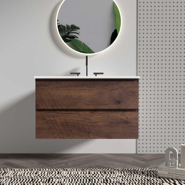 36 in. W Single Sink Floating Walnut Bath Vanity with White Ceramic Top