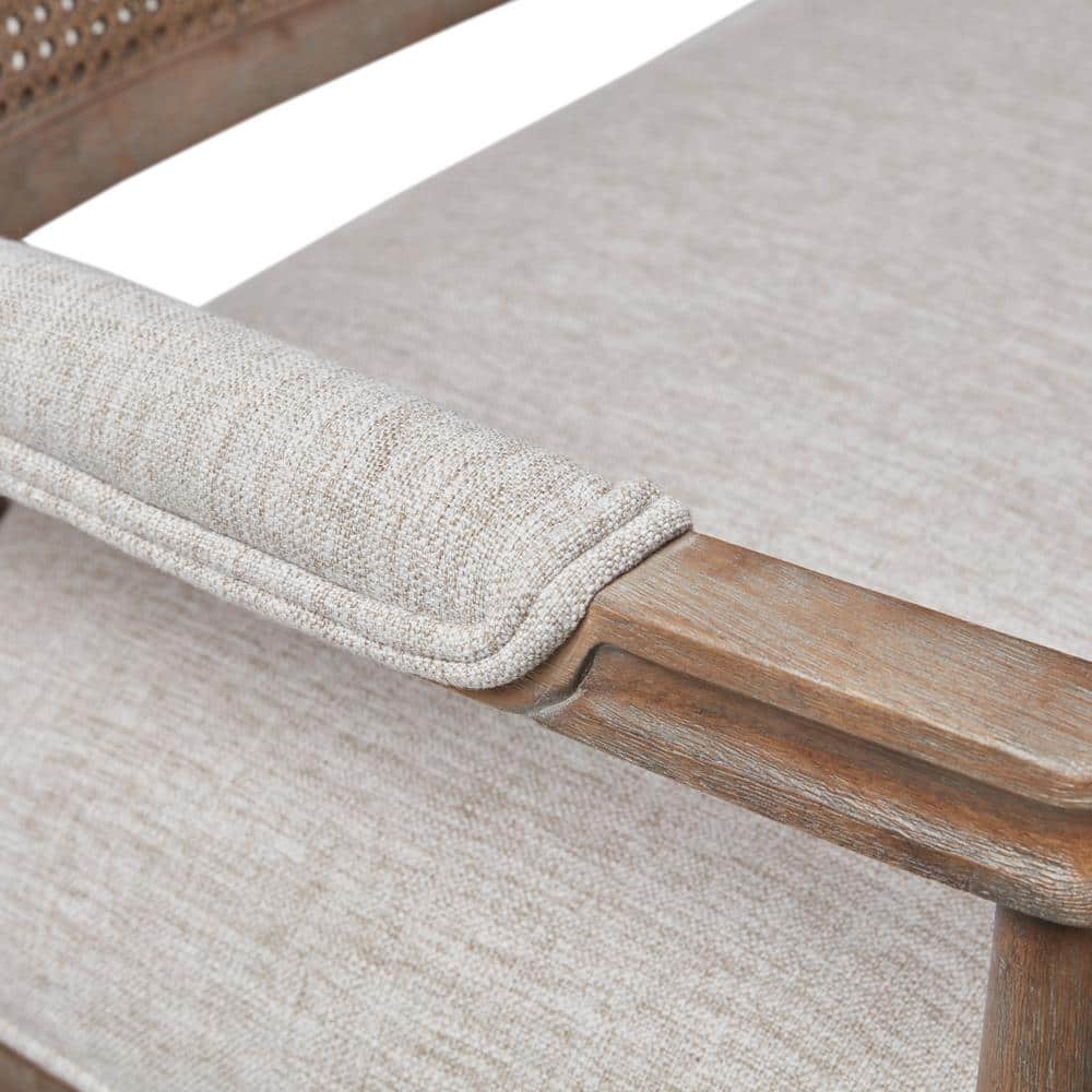 Beige Faux Leather Chesterfield Settee with Rattan Backrest