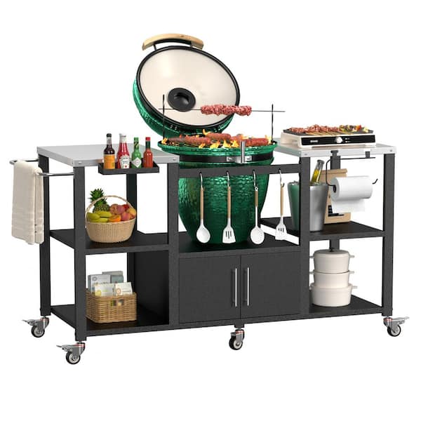VEIKOUS 65 in. W Outdoor Stainless Steel Grill Cart Table Stand for Big Green Egg with Storage Cabinet and Wheels