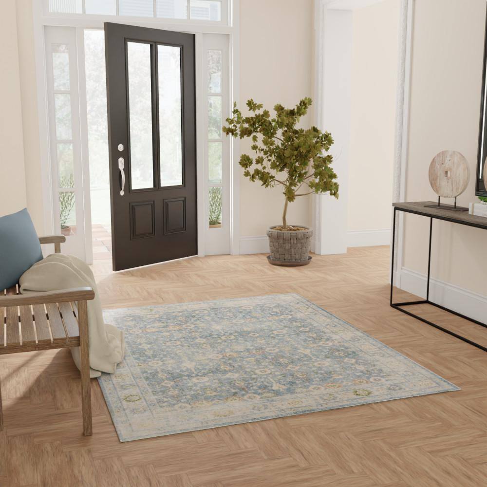 Teal Beige Floral Synthetic Washable Rectangular Area Rug 5' x 7'
