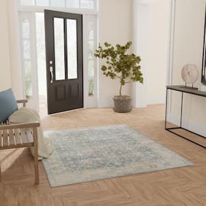 Astra Machine Washable Teal Beige 5 ft. x 7 ft. Distressed Traditional Area Rug