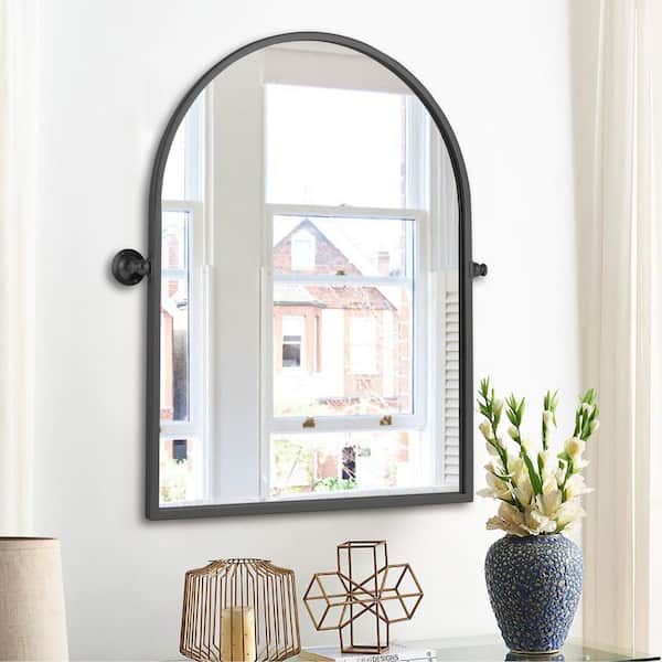 Black 1-Piece 24 in W x 36 in. H Arch Metal Wall Mirror with Tilted Frame Accent Mirror for Bathroom Bedroom Entryway