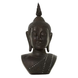 Black Polystone Meditating Buddha Sculpture with Engraved Carvings and Relief Detailing