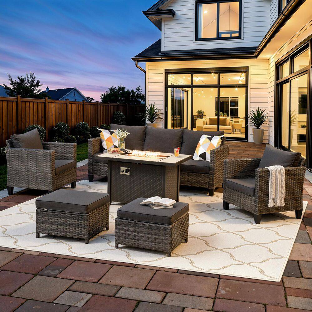 New Vultros Gray 6-Piece Wicker Patio Rectangle Fire Pit Conversation Set with Black Cushions price history on PriceWatchPro