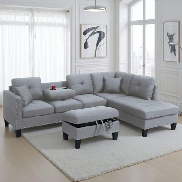 120.3 in. Square Arms Square Arm Linen L-Shaped Sectional Sofa and Storage Ottoman in Light Gray