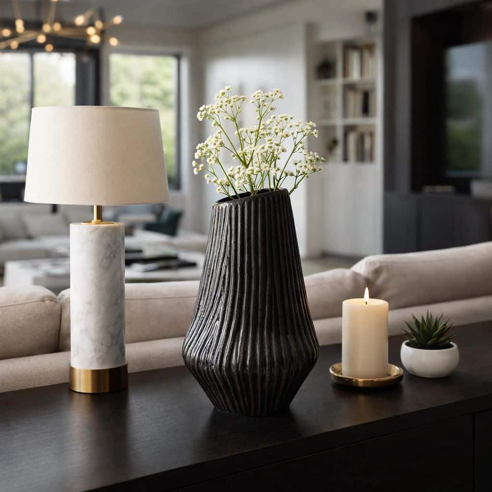 Liv & Skye 14.25 in. Black Ceramic Asymmetrical Cylinder