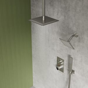 Thermostatic 7-Spray 12 in. Ceiling Mount Dual Shower Head and Handheld Shower in Brushed Nickel(Valve Included)