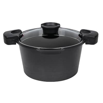 Innovative Series 5 qt. Cast Aluminum Non-Stick Stock N Pasta Pot in Black with Easy Pour Strainer and Glass Lid