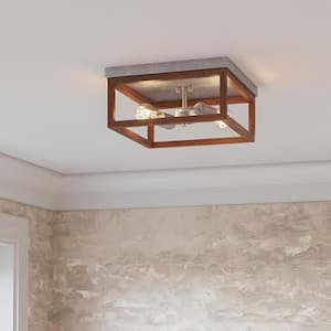 Boswell Quarter 12-1.2 in. 2-Light Silver with Chestnut Wood Accents Flush Mount Ceiling Light for Bedrooms and Hallways