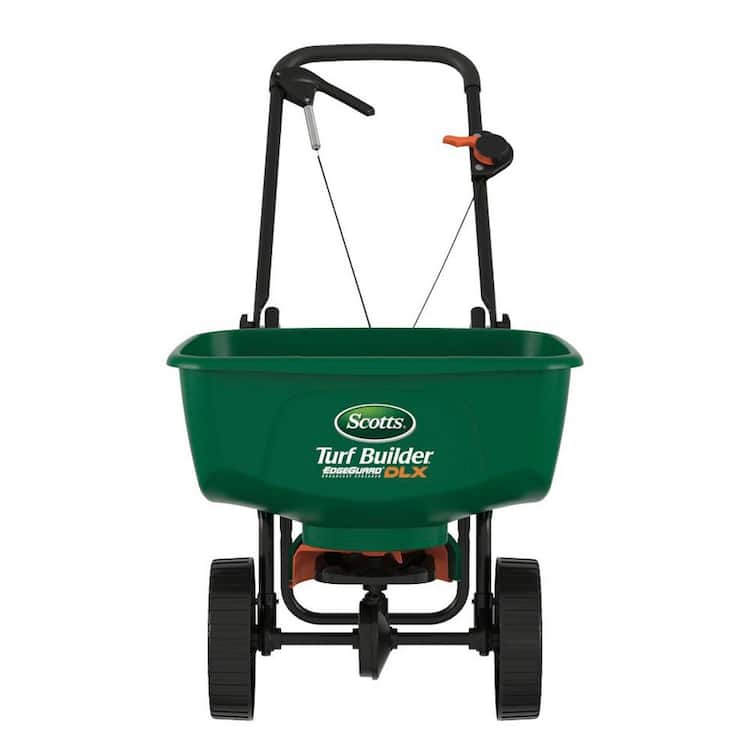 Scotts Turf Builder EdgeGuard DLX Push Broadcast Spreader Holds up to 15,000 sq.ft. for Seed, Fertilizer, Salt, Ice Melt