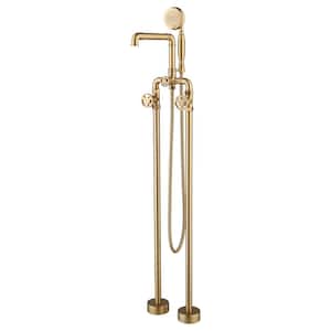2-Handle Freestanding Tub Faucet with Hand Shower Brass Claw Foot Bathtub Filler in Brushed Gold