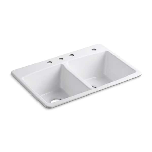 KOHLER Brookfield 33 in. Drop-in Double Bowl Cast Iron Kitchen Sink with Sound Dampening