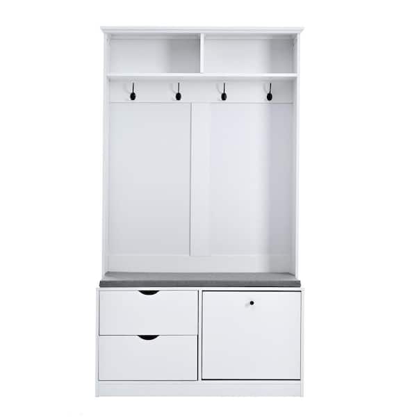 Unbranded 40.6 in. W x 8.7 in. D x 71.1 in. H White Linen Cabinet with Coat Rack, Cushion, 4 Sturdy Hooks and Shoe Storage Bench