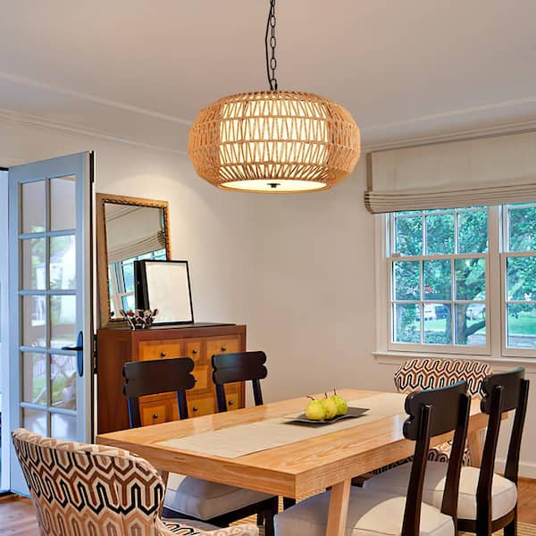 Farmhouse 3-Light Black Chandelier with Yellow Cage Woven Rattan and White Drum Fabric Shade