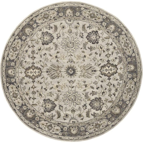 10 ft. Round Gray, Ivory Floral Area Rug
