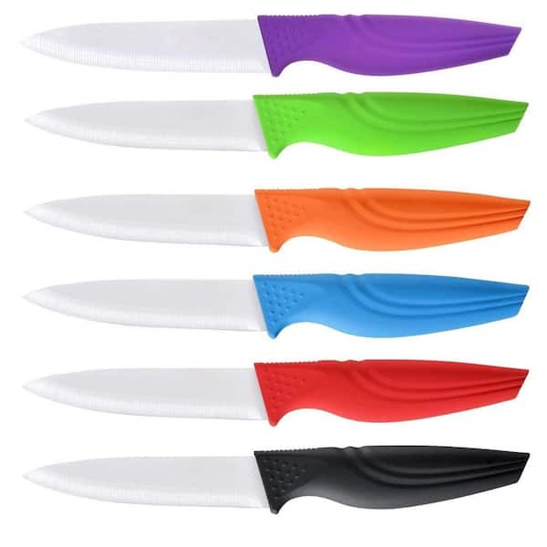4 in. Zirconia Ceramic Partial Tang Straight Edge Steak Knife with Ergonomic Handle, Multi-Color (Set of 6)